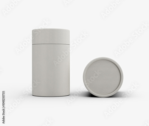 Two Sleek White Paper Jars Cylindrical Container Boxes For Product Packaging Concept 3d Illustration photo