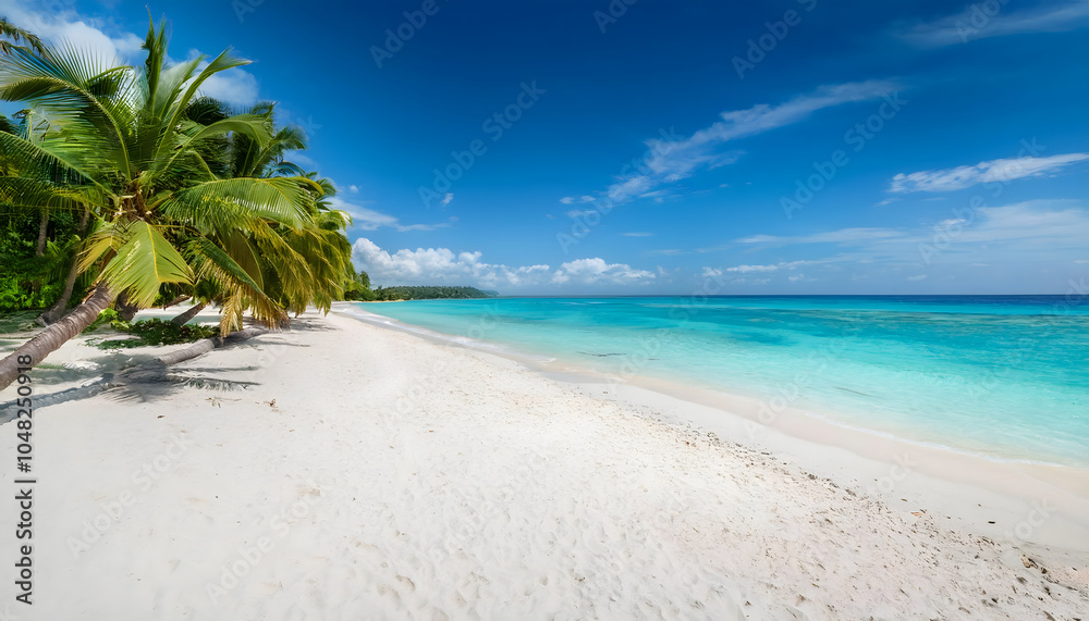 Pristine tropical beach with lush palm trees and crystal clear waters under a sunny sky Pristine tropical beach with lush palm trees and crystal clear waters under a sunny sky