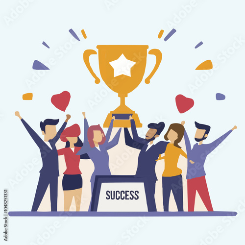 Colleagues celebrate success with trophy.