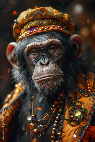 Majestic Chimpanzee Portrait in Vibrant Regal Attire with Ornate Jewelry and Crown, Capturing a Unique Blend of Nature and Royalty in a Colorful Setting.