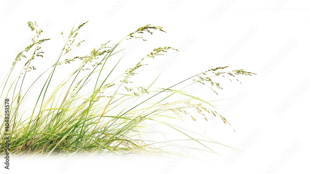 Close-up of Green Grass Blades with Seed Heads Against a White Background Close-up of Green Grass Blades with Seed Heads Against a White Background