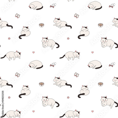 Seamless pattern with cute cats on white background. Simple flat vector illustration for design and textiles