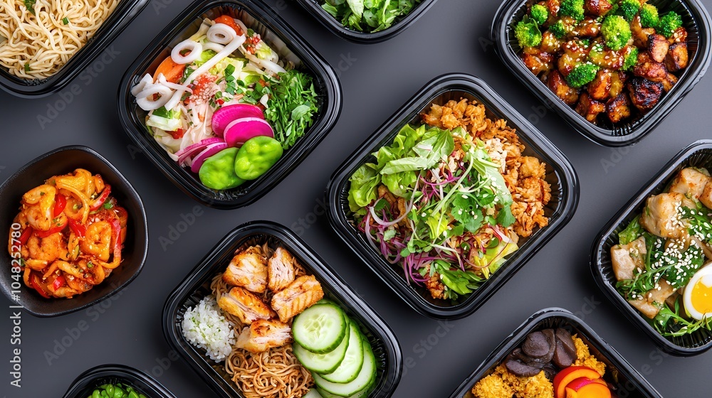 Array of delicious meals in black containers on a dark surface, showcasing vibrant colors and variety. Array of delicious meals in black containers on a dark surface, showcasing vibrant colors and variety.
