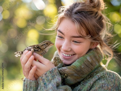 A woman smiles at a small bird she is holding in her hands. AI.