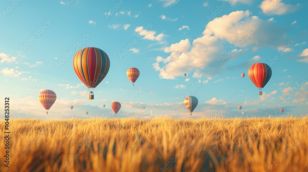 Obraz premium Colorful hot air balloons float over a field of golden wheat. AI.