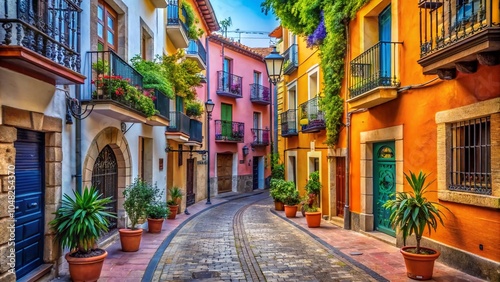 Narrow Streets of Arenys de Mar: Colorful Facades and Balconies in Catalonia's Old Town photo