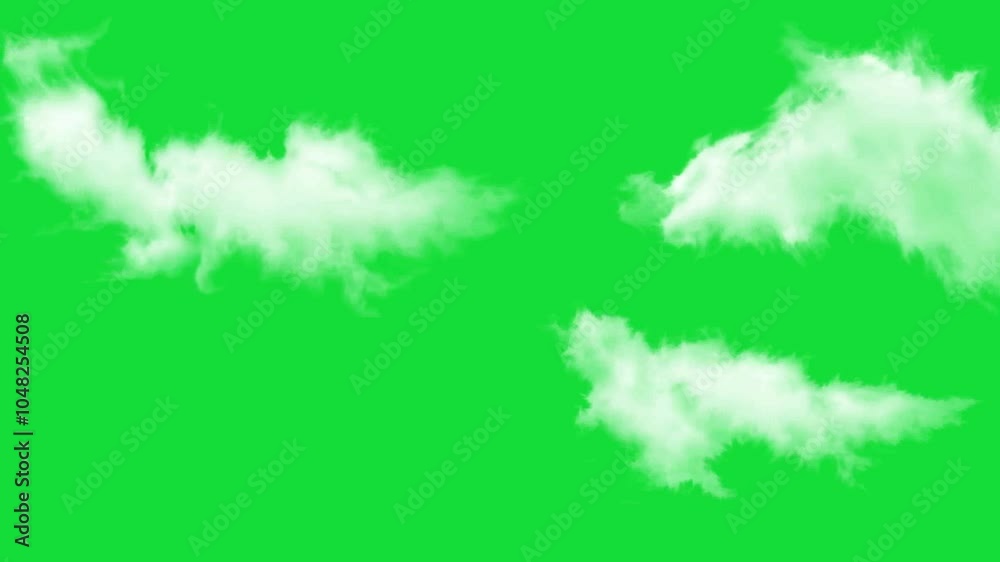White fluffy clouds on a green screen. Animated clouds motion graphic effects on chroma key background
