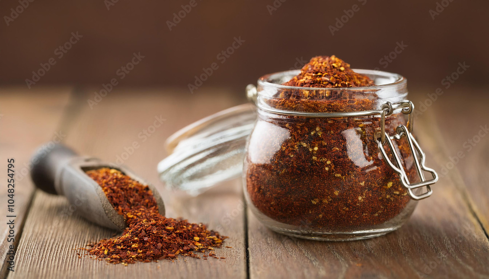 Glass jar of paprika powder or cayenne pepper on wooden table. Organic spice. Natural product. Glass jar of paprika powder or cayenne pepper on wooden table. Organic spice. Natural product.