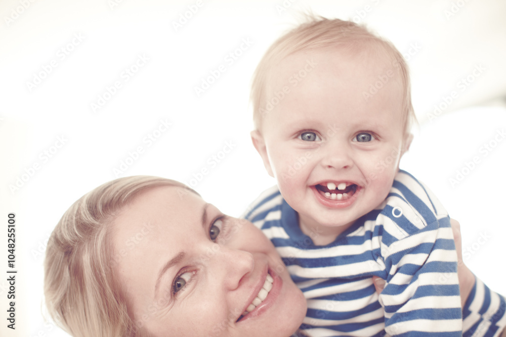 Home, mother and smile with baby for growth with laughing for support, bonding and care in Germany. People, parent and happy on portrait with toddler at apartment for break, child development or love Home, mother and smile with baby for growth with laughing for support, bonding and care in Germany. People, parent and happy on portrait with toddler at apartment for break, child development or love
