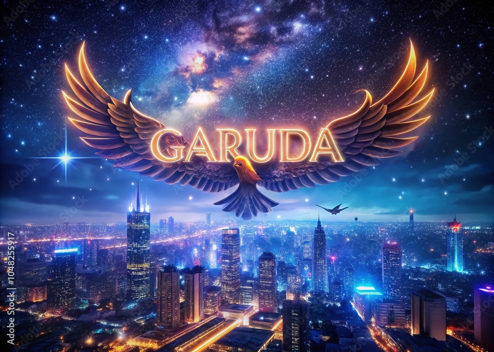 Fototapeta premium Night Photography of 3D Garuda Text Effect Template with Vibrant Colors and Dynamic Lighting