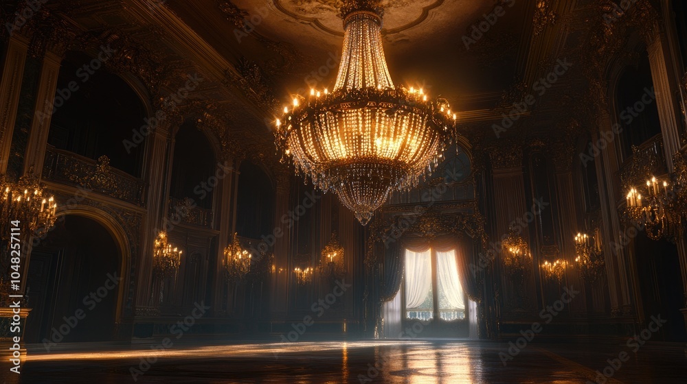 Obraz premium A magnificent chandelier glowing in an ornate ballroom, capturing opulence, grandeur, and the charm of classic luxury