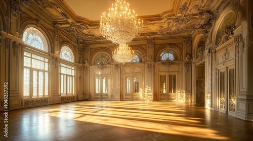 Elegant ballroom with a sparkling chandelier overhead, exuding the timeless beauty and opulence of grand design