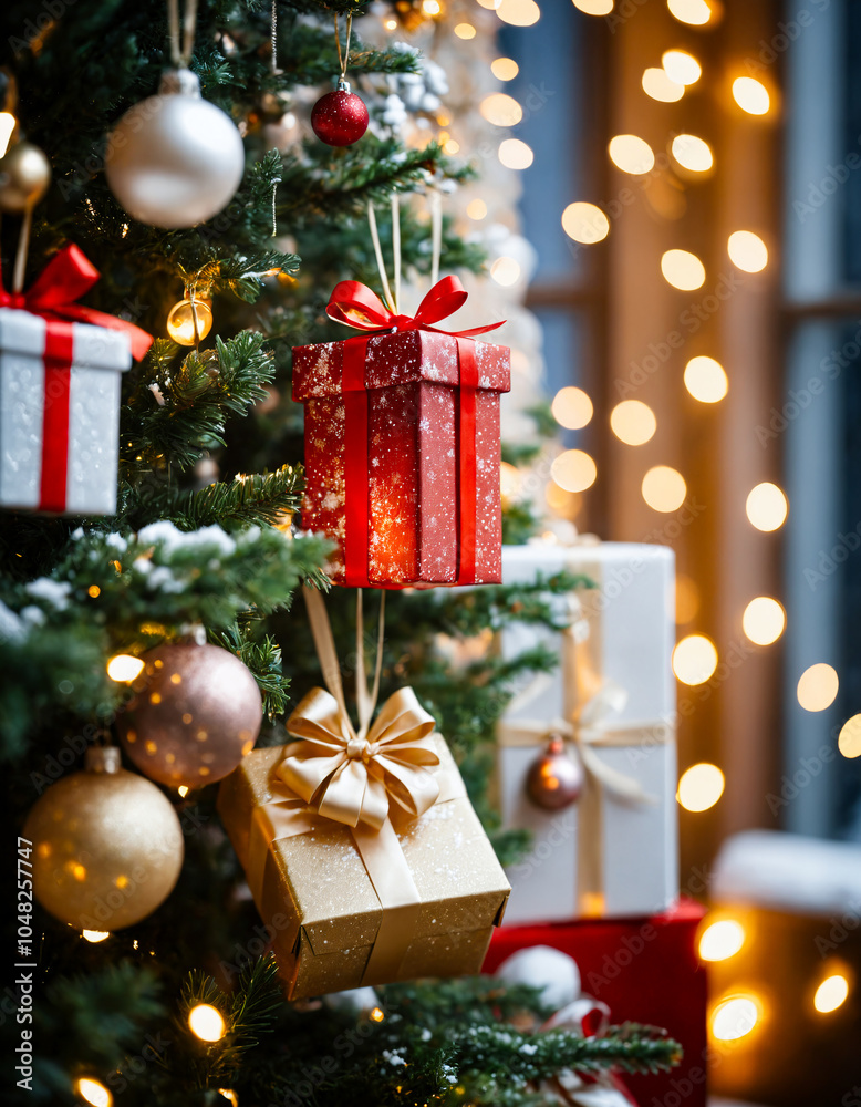 a christmas tree with presents hanging from it a christmas tree with presents hanging from it