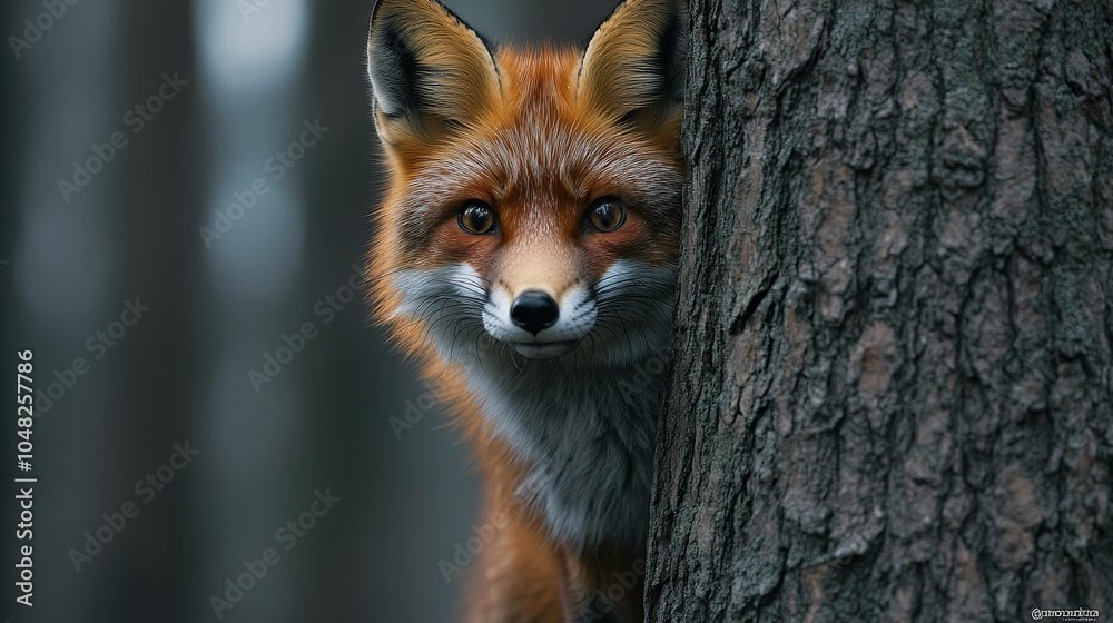 Close-up of a Red Fox Peeking Out from Behind a Tree in a Forest Setting During Daylight Hours Close-up of a Red Fox Peeking Out from Behind a Tree in a Forest Setting During Daylight Hours
