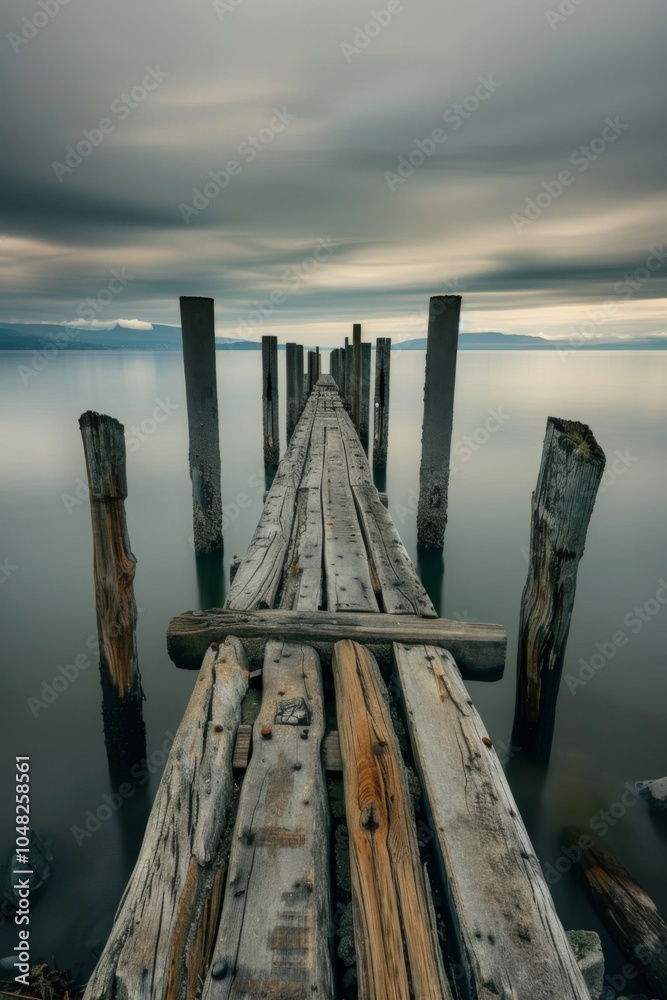 Serene Lake Dock Under Dramatic Cloudy Sky: Tranquil Waters and Weathered Wood Creating a Peaceful Atmosphere for Reflection and Natures Beauty. Serene Lake Dock Under Dramatic Cloudy Sky: Tranquil Waters and Weathered Wood Creating a Peaceful Atmosphere for Reflection and Natures Beauty.