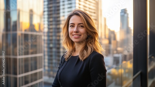 Free Download Smiling woman in business attire with city skyline background at sunset, showcasing confidence and modern urban life. - GFXLoad