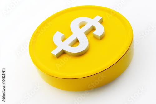 A white dollar symbol on a glossy, bright yellow circular coin with raised edges, angled slightly