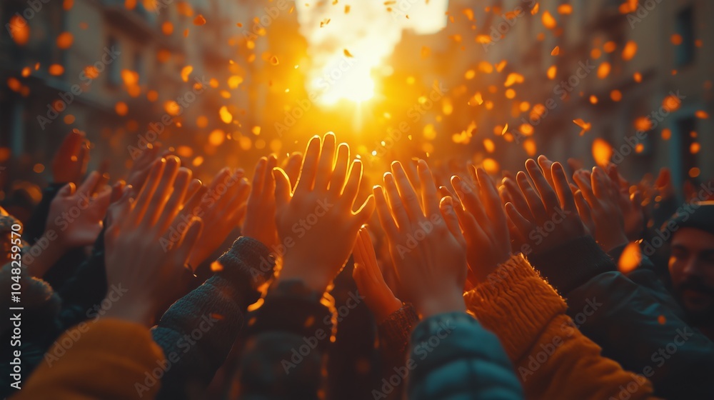 Hands reaching into the sky, celebrating amidst vibrant confetti and a radiant sunset glow, capturing joy and unity. Hands reaching into the sky, celebrating amidst vibrant confetti and a radiant sunset glow, capturing joy and unity.