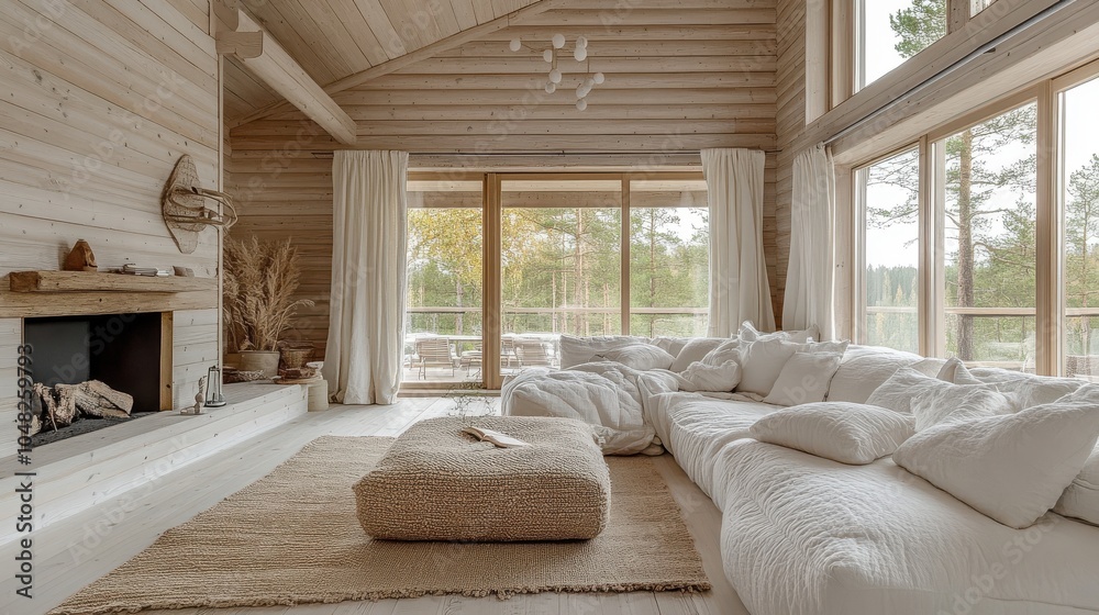 Scandinavian summer cabin with light wood interiors. Scandinavian summer cabin with light wood interiors.