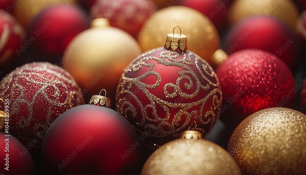 Elegant red and gold Christmas ornaments adorned with glitter create a festive holiday atmosphere perfect for seasonal decoration. Elegant red and gold Christmas ornaments adorned with glitter create a festive holiday atmosphere perfect for seasonal decoration.