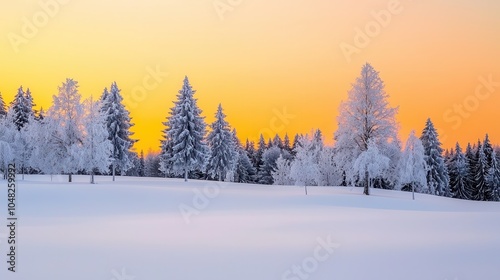 Snowy trees against a colorful winter sunset, peaceful scene.