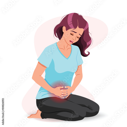 Flat Illustration of a Woman Suffering from Painful Periods on a White Background