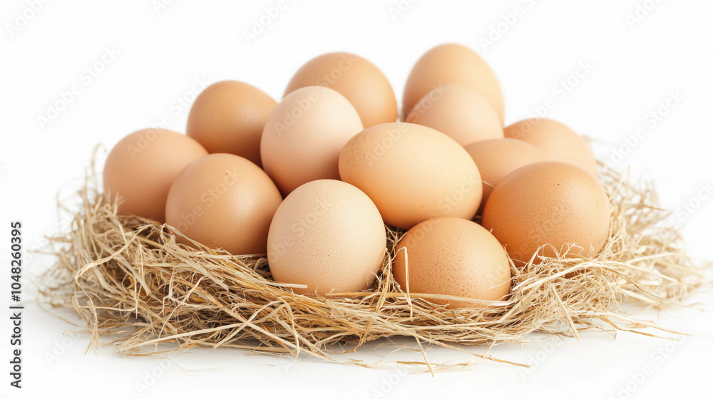 Pile of Brown Eggs in a Nest on White Background. Perfect for Farm, Organic Produce, and Food Themes. Pile of Brown Eggs in a Nest on White Background. Perfect for Farm, Organic Produce, and Food Themes.