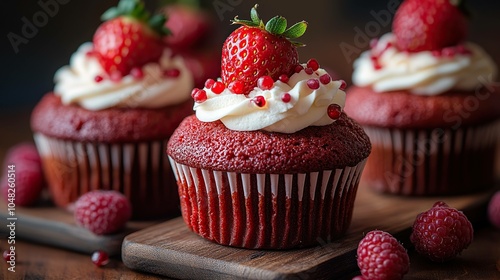 Delicious Red Velvet Cupcake Topped with Whipped Cream and Sprinkles on a Rustic Wooden Table