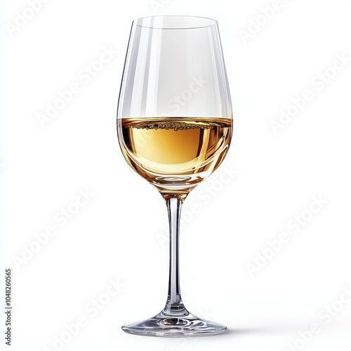 A sleek wine glass filled with golden liquid, elegantly showcasing its shape and clarity, perfect for wine tasting or special occasions.