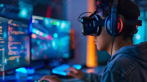 Gamer Wearing VR Headset and Headphones in Front of Computer Monitors