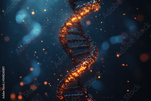 Dna Double Helix Structure Against A Dark, Blurred Background Filled With Glowing Molecular Graphics, Representing The Complexities Of Genetics