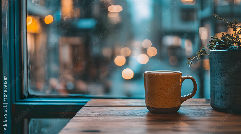 A close-up of a coffee cup on a indoor cafe with city light bokeh background. Cozy Cup A close-up of a coffee cup on a indoor cafe with city light bokeh background. Cozy Cup