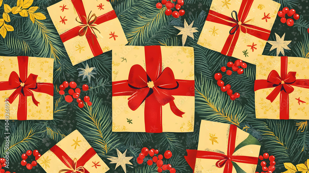 A stack of beautifully wrapped Christmas gift boxes in festive colors with golden ribbons and bows, perfect for celebrating the holiday season A stack of beautifully wrapped Christmas gift boxes in festive colors with golden ribbons and bows, perfect for celebrating the holiday season