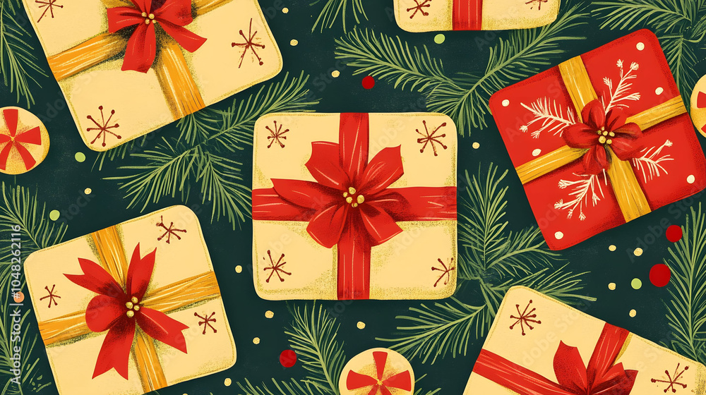A stack of beautifully wrapped Christmas gift boxes in festive colors with golden ribbons and bows, perfect for celebrating the holiday season A stack of beautifully wrapped Christmas gift boxes in festive colors with golden ribbons and bows, perfect for celebrating the holiday season