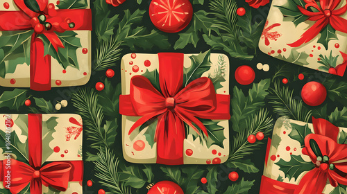A stack of beautifully wrapped Christmas gift boxes in festive colors with golden ribbons and bows, perfect for celebrating the holiday season