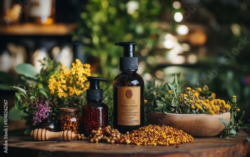 Propolis Spray for Immune Support: A striking setup of propolis spray in a bottle, surrounded by honey, bee pollen, and herbal teas for immune health.