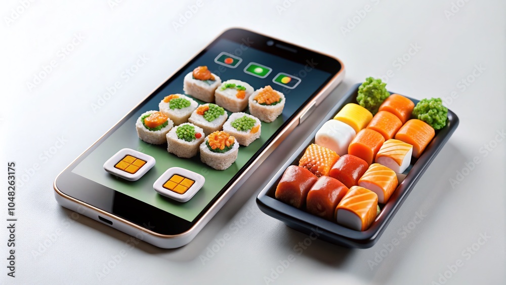 Pixel Art Mobile Sushi Ordering for Food Apps in 8-Bit Style on White Background Pixel Art Mobile Sushi Ordering for Food Apps in 8-Bit Style on White Background