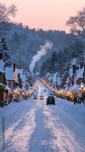 snowy village at sunset, wi...