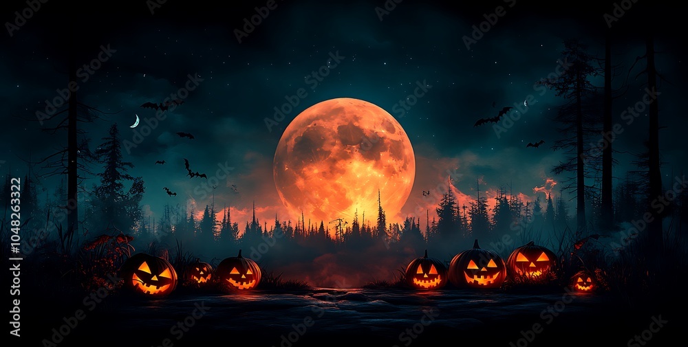 A Group of Pumpkins Illuminated by a Full Moon A Group of Pumpkins Illuminated by a Full Moon