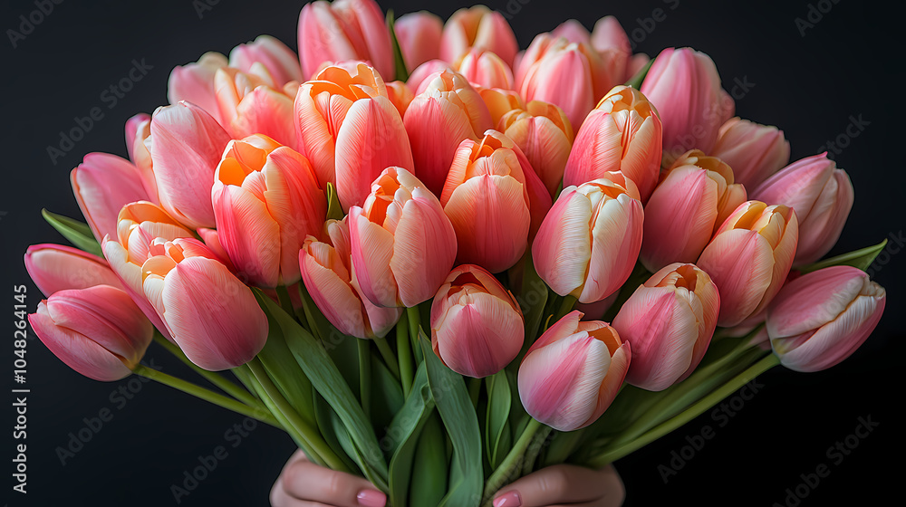 Fototapeta premium The tulips are fresh and blooming, arranged together in a simple yet elegant display, perfect for a cheerful spring setting