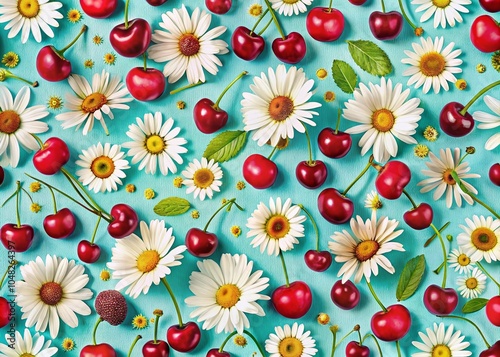 Preppy Spring Summer Floral Fruit Pattern with Coquette Cherries and Daisies for Fabric Design