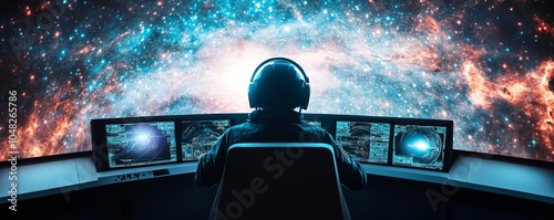 A spaceship simulation pod with 360-degree holographic visuals, pilot immersed in a distant galaxy, training scenario
