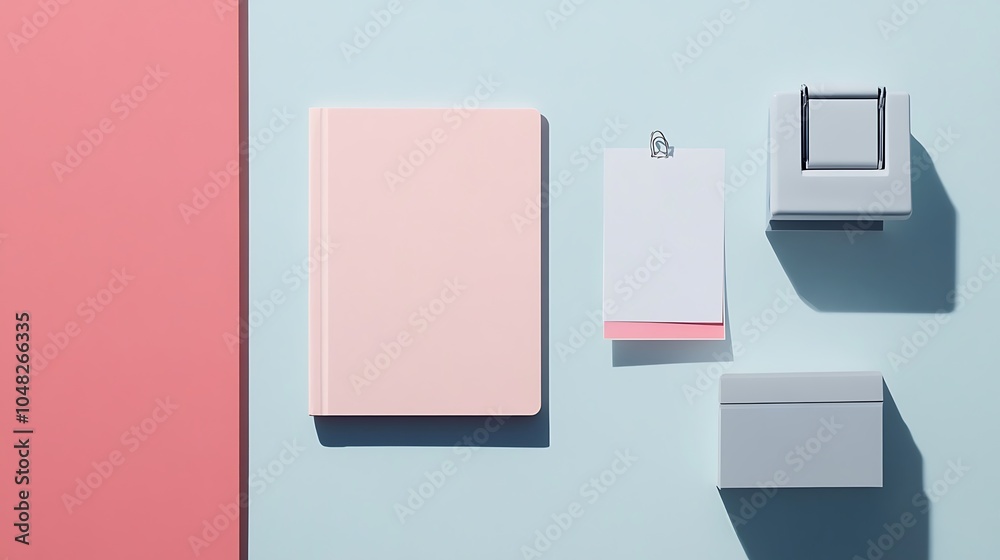 Simple arrangement of a stapler notepad and sticky notes on a clean neutral background Simple arrangement of a stapler notepad and sticky notes on a clean neutral background