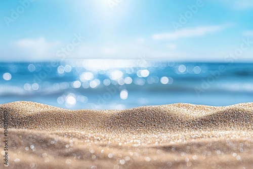 Hyber realistic photo of  Seascape abstract beach background. blur bokeh light of calm sea and sky. Focus on sand foreground.  , copy space for text, photo