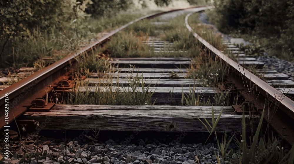 Old railroad track with tracks and ties Old railroad track with tracks and ties