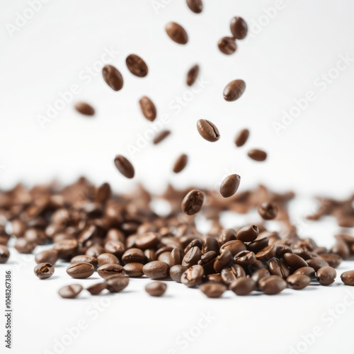 Falling coffee beans isolated on white background full depth of field