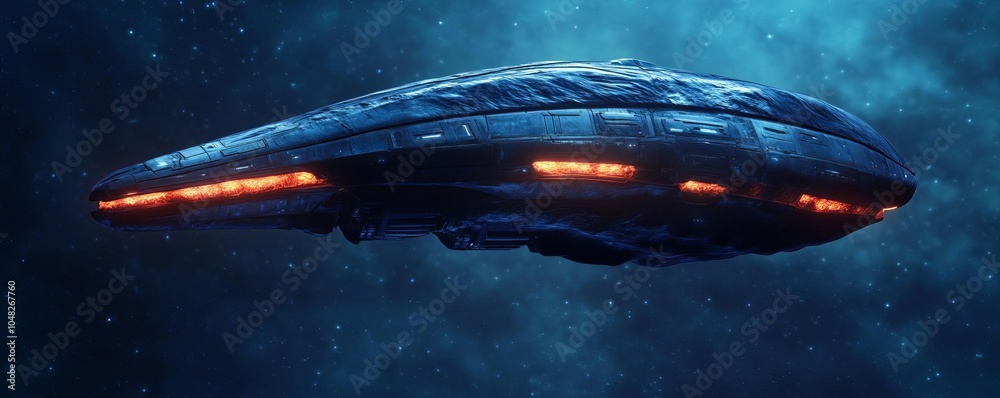 Obraz premium Alien spaceship with glowing organic surfaces, hovering in deep space, sci-fi simulation interface