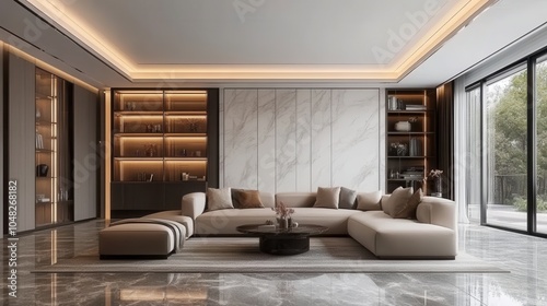 A large living room with a white marble wall and a black coffee table