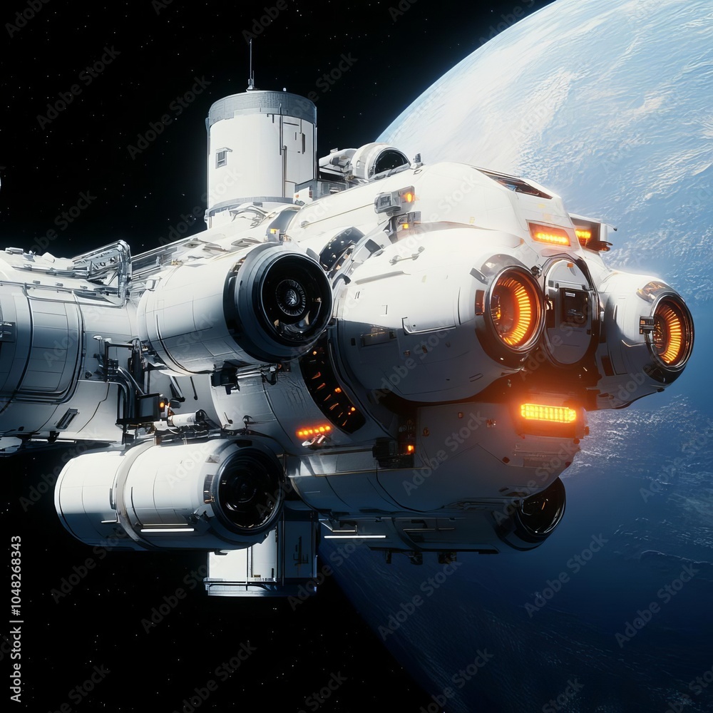 Futuristic spaceship docking with a massive space station, intricate docking arms and glowing landing lights, space industry simulation Futuristic spaceship docking with a massive space station, intricate docking arms and glowing landing lights, space industry simulation