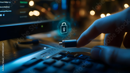 A close-up of a hand inserting a USB with lock icon design. Cyber Safe